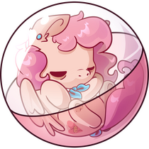 A small, pink pegasus pony sleeping in a translucent Gashapon capsule.