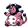 An animated sprite of the Pokemon Miltank from Pokemon Crystal. it holds its face and kicks its legs while sitting.